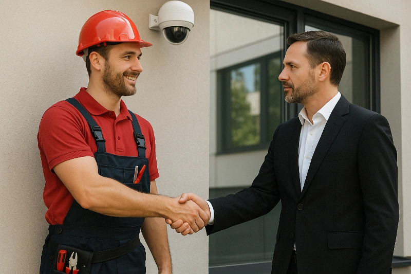 Tech installing commercial security system and shaking hands with client